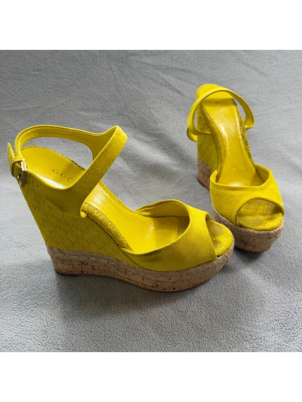 Gucci Microguccissima Yellow Suede Espadrille Platform Wedge Sandals 36.5 - Image 5