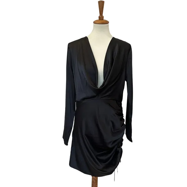 Revolve Black Ruched Mini Dress LARGE Cocktail Cowl Satin More to Come $88 NEW - Image 4