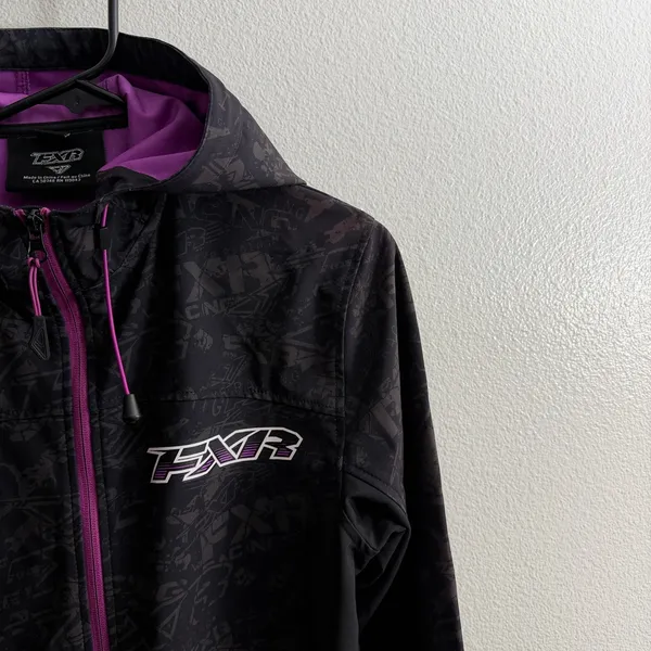 FXR Jacket Womens Size 6 Black Purple Logo Print Racing Hooded Softshell Zip Up - Image 2