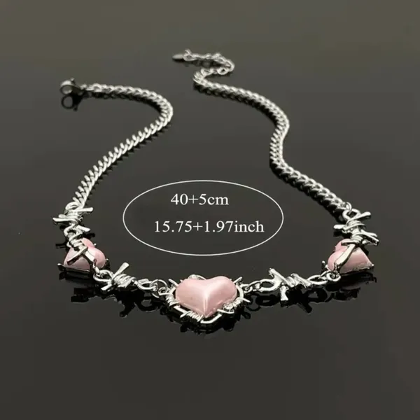 Creative Pink Heart Barbed Wire Silver Plated Choker‎ Length Necklace Soft Goth - Image 8
