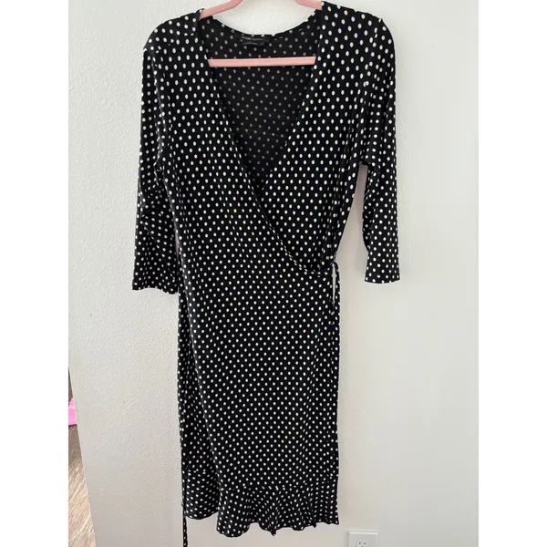BCBGMAXAZRIA Polka Dot Wrap Dress Black White‎ 3/4 Sleeve Ruffle Hem Large - Image 8
