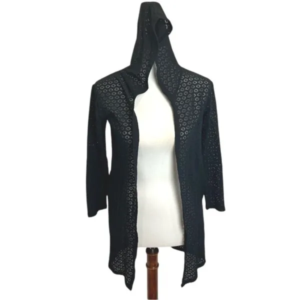 Pamela Black Crochet Lace Hooded Open Front Cardigan Geometric Knit OS - Image 2