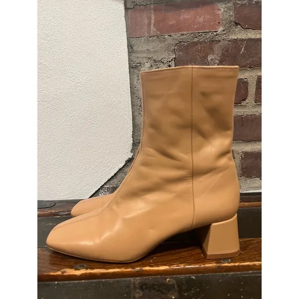 Zara Camel Tan Leather Square Toe Block Heel Ankle Boots 7.5 - Image 5
