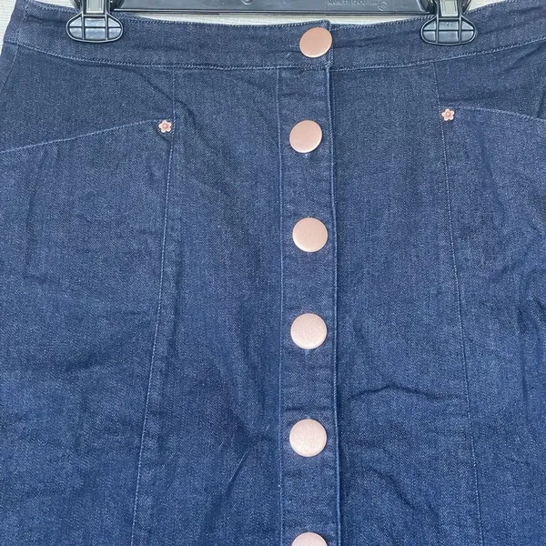 ModCloth Denim Skirt Large High Waisted Button Jean Retro 70s Dark Wash Preppy - Image 4