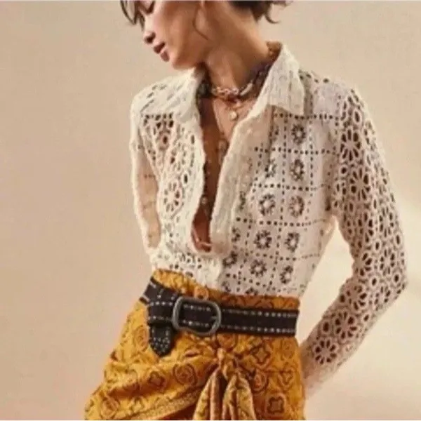 Free People FP One Yesenia Blouse M Crochet Embroidered Button Down Ivory Boho - Image 10