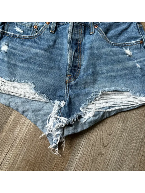 Levi’s 501 Button Fly Light Blue Distressed Denim Shorts Mini Shorts Size 31 32 - Image 3
