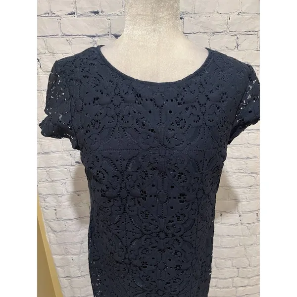 Banana Republic Dress Navy Blue Short Sleeve Lace Zipper Back Size -12 - Image 2