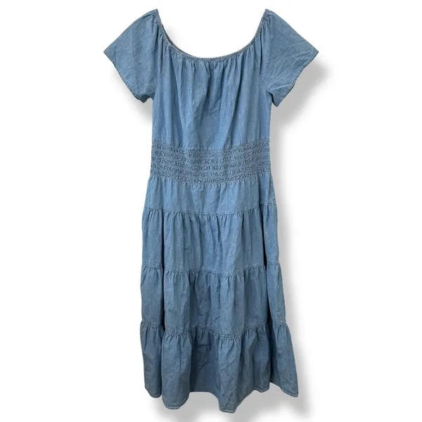 Lauren Ralph Lauren Chambray Off The Shoulder Smocked Tiered Midi Dress‎ Blue 14 - Image 2