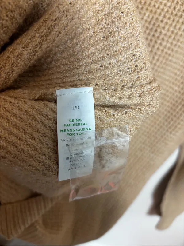 Aerie Cozy Up Waffle Knit Oversized Collar Quarter Button Tan Sweater Size L - Image 6
