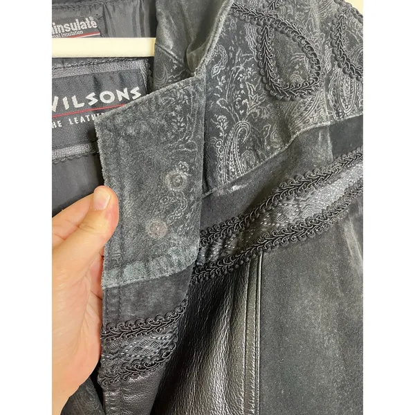 Women's Leather Coat Long Trench Black Patchwork Gothic Print Whimsigoth Moto 80 - Image 7