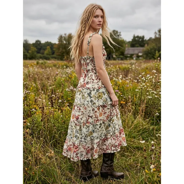 Anthropologie Sleeveless Square-Neck Ruffle Tiered Midi Dress Floral Medium - Image 2