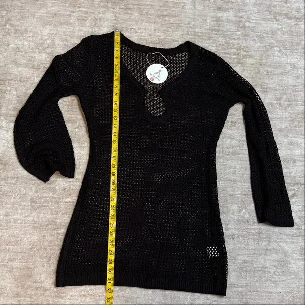 Anrabess Women’s Small Black Crochet Swimsuit Coverup Dress Long Sleeve Plunging - Image 4