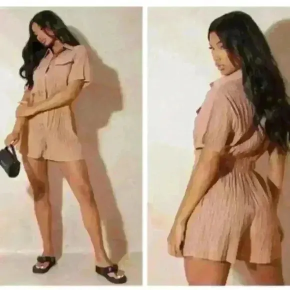 PRETTY LITTLE THING Women RomperSz 4 Small Button Up Brown Stripe Femine Chic - Image 2