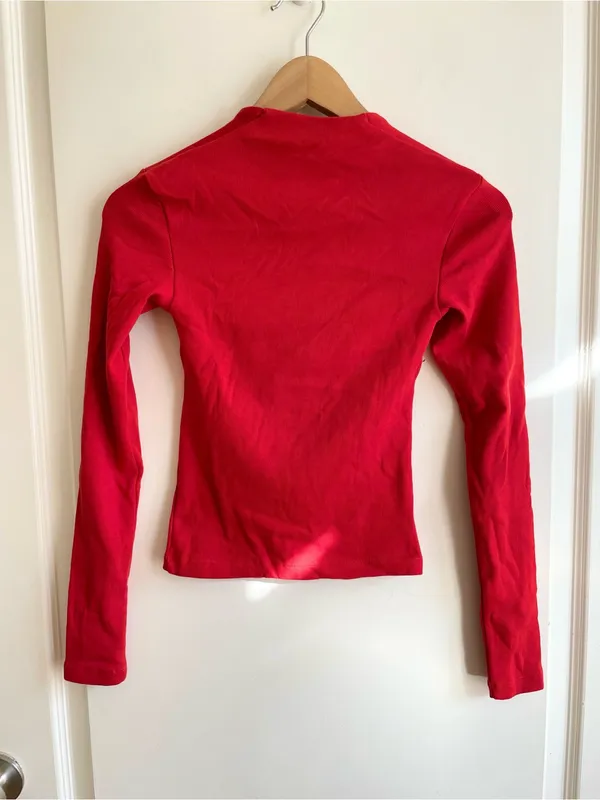 Zara Y2K Cotton Square Neck Ribbed Long Sleeve Top Red Orange Size S Stretch - Image 2
