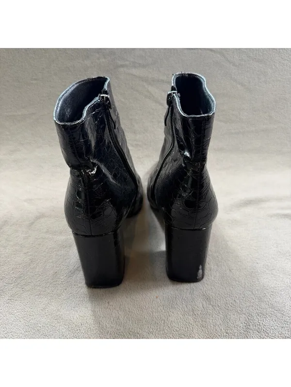 Black Faux Crocodile Embossed Pointed Toe Stiletto Ankle Boots Zip High Heel - Image 3