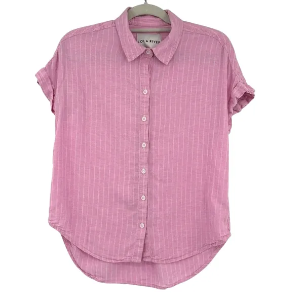 Lola River Linen Blend Pin Stripe Button Womens Shirt Sz M Pink Preppy Coastal - Image 2
