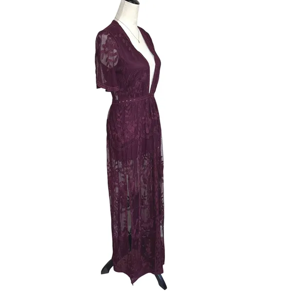 Haute Monde Plum Purple Floral Lace Deep V-Neck Boho Maxi‎ Romper Dress Small - Image 5