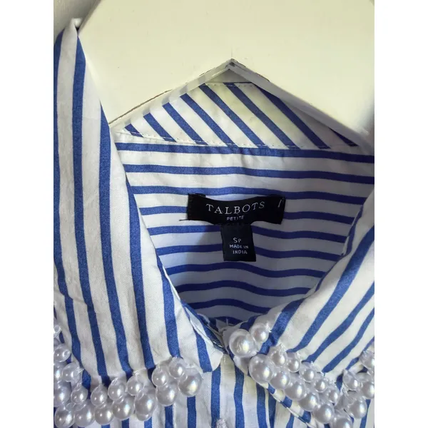 Talbots Petite Blue White Stripe Pearl Embellished Cotton Button Front Shirt SP - Image 3