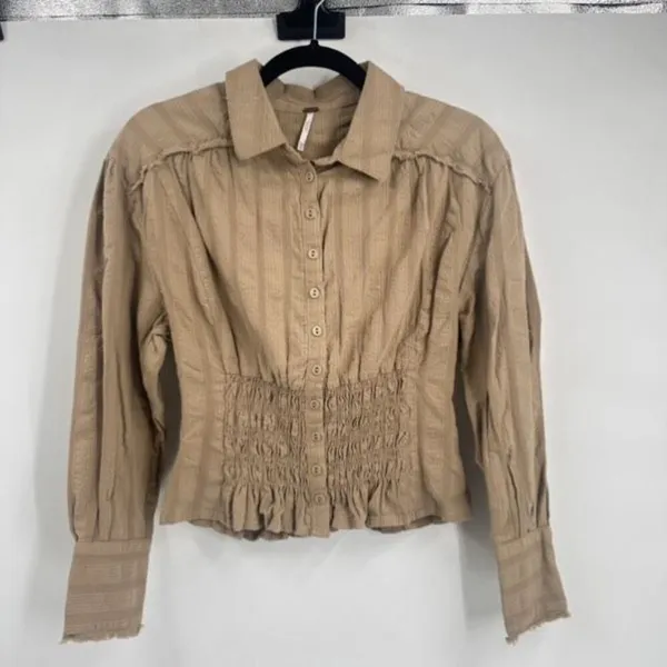 Free People Tammy Button down Tan Size XS‎ Crinkle Smocked Top Collared - Image 3