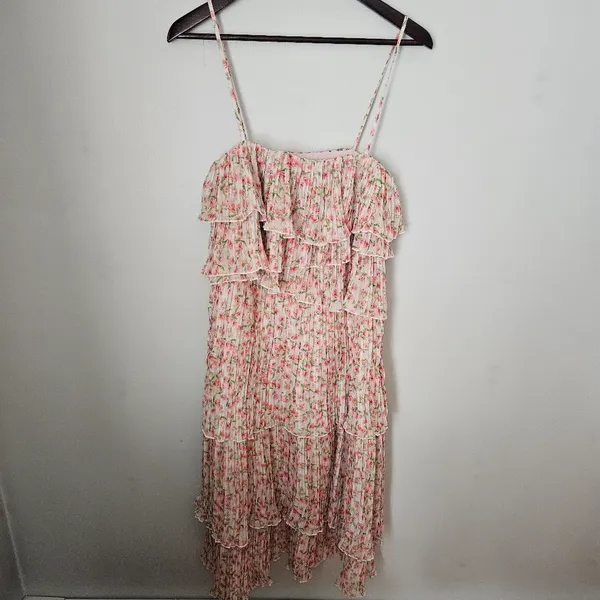 Something Navy Dress Floral Pleated Tiered Cream Multi Maxi Midi Garden Party - Image 14