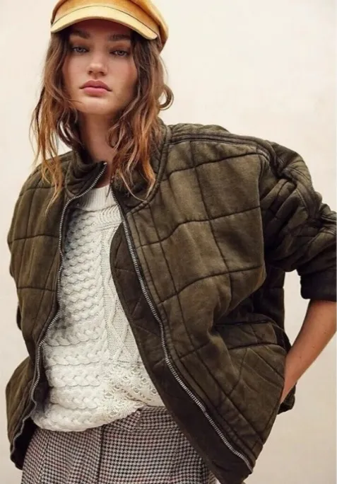 Free People Dolman Quilted Knit Jacket in Dusted Military Grunge Green Medium - Image 9