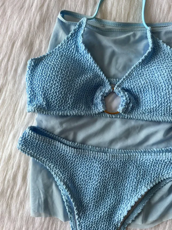 NWOT 3 Piece Baby Blue Textured Bikini Set - Image 3