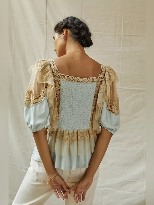 NWT Forever That Girl Blue/Tan Ruffle Lace Peplum Fairy Top Large Anthropologie - Image 7