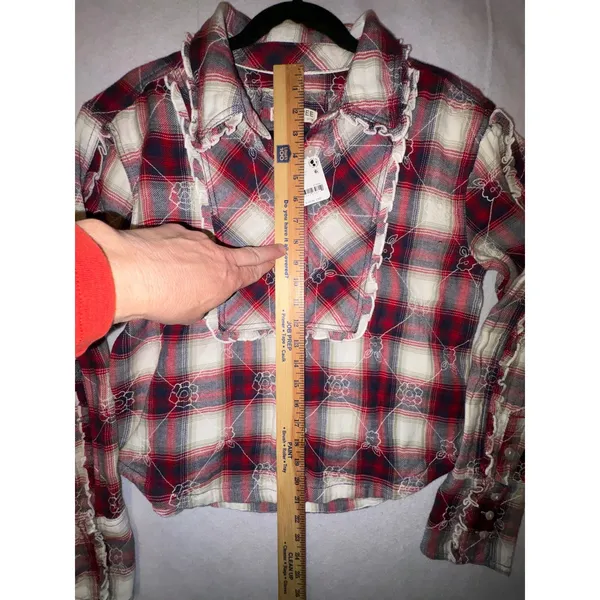 We The Free Free People Georgia Plaid Embroidered Button Down‎ Ruffle Shirt NWT - Image 9