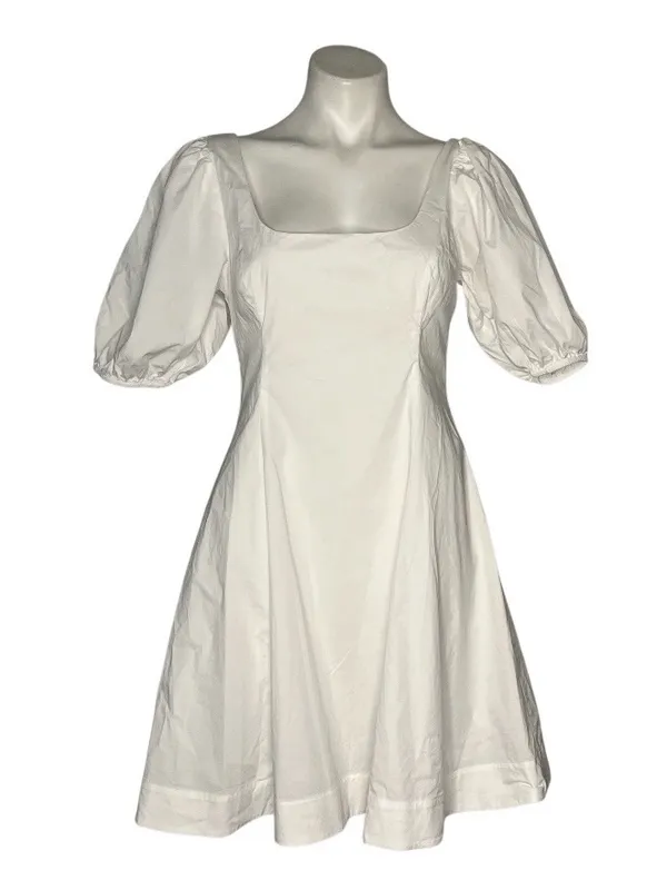 STAUD Laelia Mini Dress White Cotton Lined Puff Sleeves Size 8 - Image 3