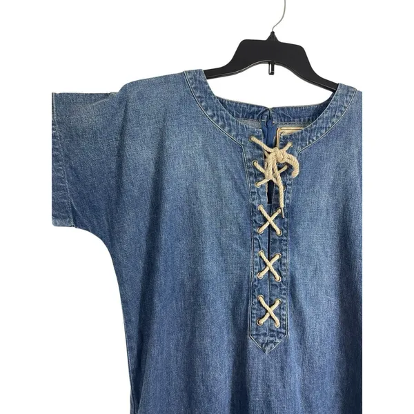 NWT Polo Ralph Lauren Denim Dress Womens 10 Lace Up Bust Blue Chambray Boho - Image 3