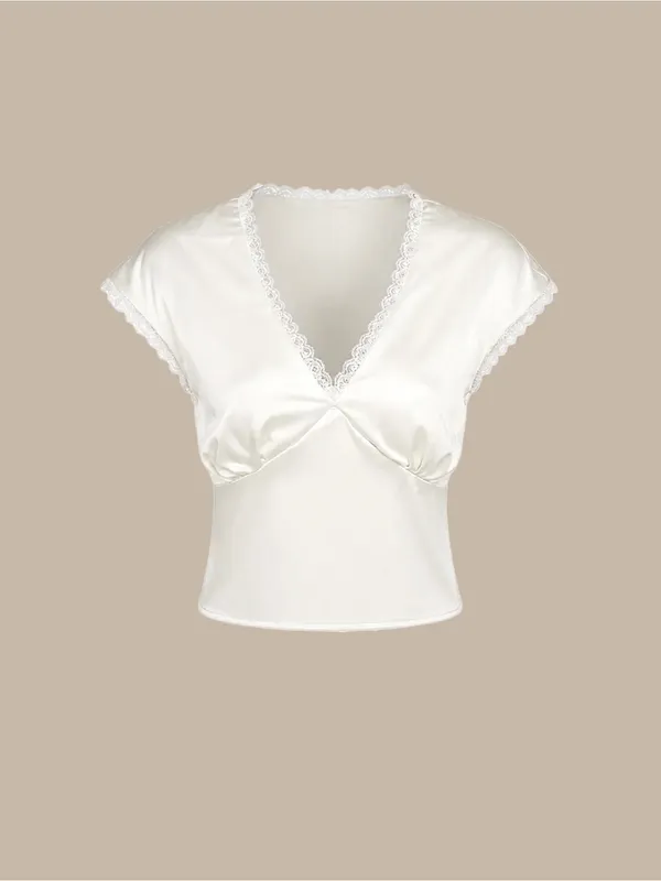 Rihoas Apricot V Neck Lace Satin Tee - Image 6