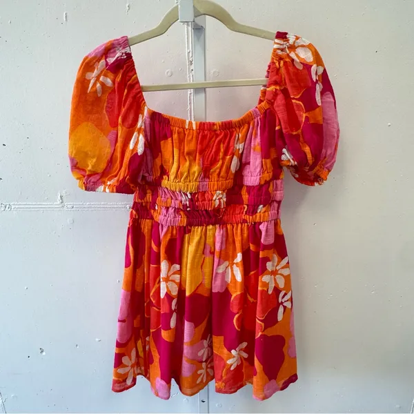 SABO Australia Floral Puff‎ Sleeve Summer Mini Dress Sz 4 Pink Orange - Image 3