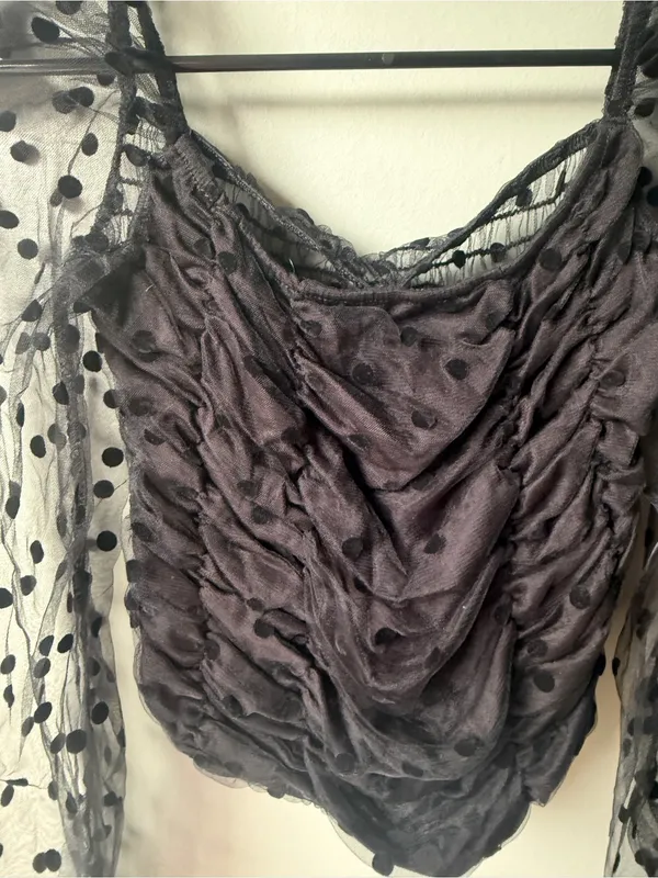 NWT RED Fashion Made in Italy Black Sheer Polka Dot Ruched Top - Image 4