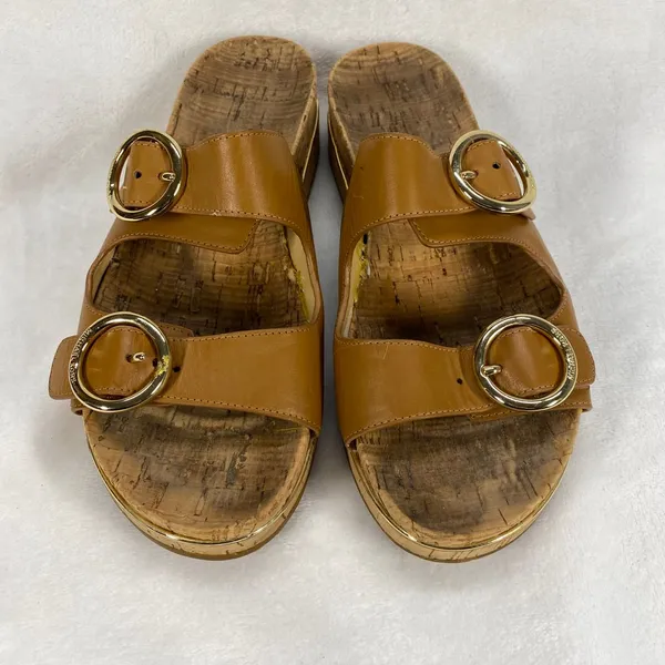 Michael Kors‎ Tan Leather Double Buckle Cork Platform Sandals Slides Sz 7-flaw - Image 2