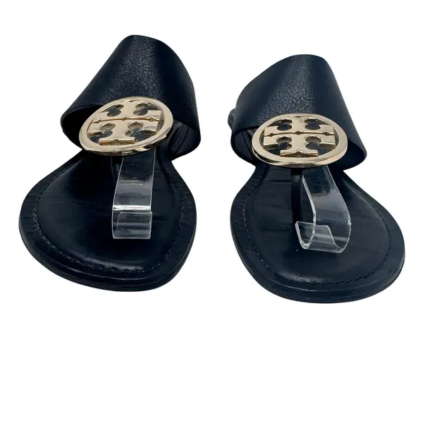 Tory Burch Benton Band Black Leather Logo Medallion Sandals 8 - Image 2