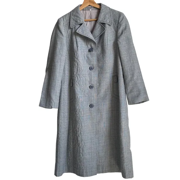 VTG 60s 70s Gray Tweed Long Virgin Wool Blend Trevira Mod Overcoat Germany Sz 42 - Image 3