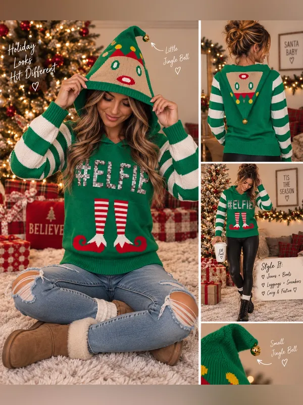 No Boundaries Small #ELFIE Elf Hooded Ugly Christmas Sweater Sequin - Image 2