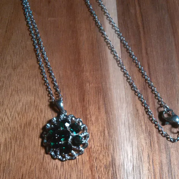 Green Crystal Floral Platinum over Brass Pendant Stainless Steel Necklace - Image 3