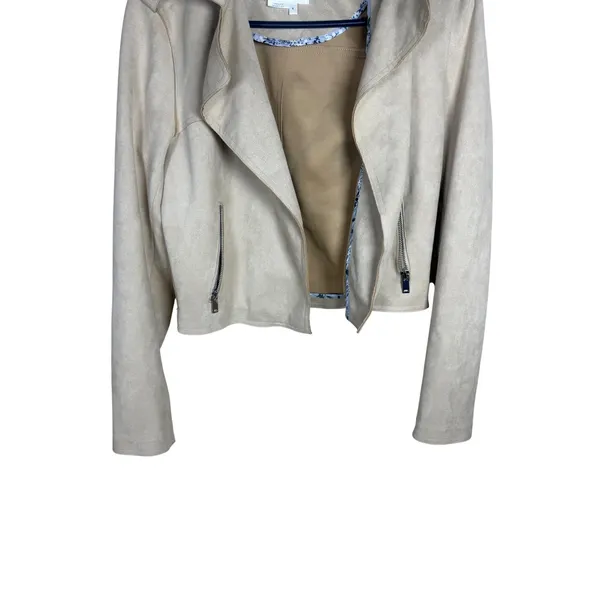 Anthropologie Faux Suede Moto Jacket Beige Cropped Open Front Floral Trim Small - Image 2