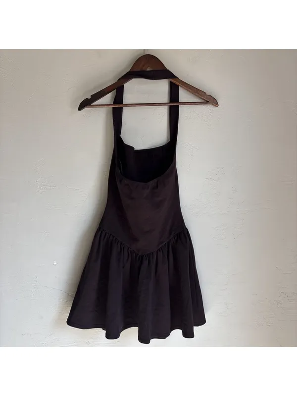 21Saints Small Brown Halter Drop Waist Ruffle Hem Mini Dress Cocktail Party - Image 4