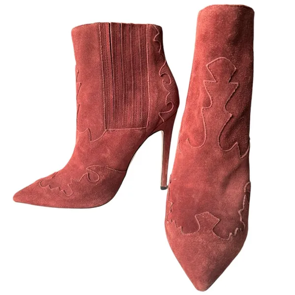 Burgundy suede pointed toe stiletto ankle boots with cowgirl design ASOS size 6 - Image 2