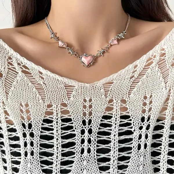 Creative Pink Heart Barbed Wire Silver Plated Choker‎ Length Necklace Soft Goth - Image 2