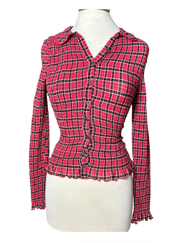 NWT Free People Red Plaid Smocked Button-Front Long Sleeve Top (Size XS) - Image 2