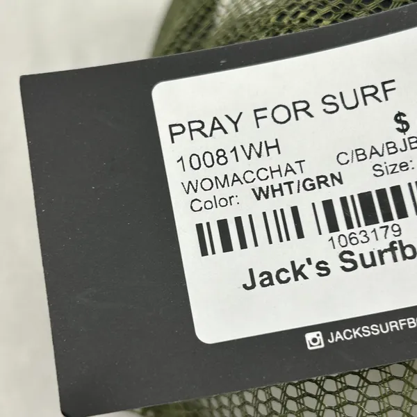 Jacks Surfboards Pray For Surf Embroidered Olive Green White Surfer Trucker Mesh SnapBack Hat Cap - Image 8