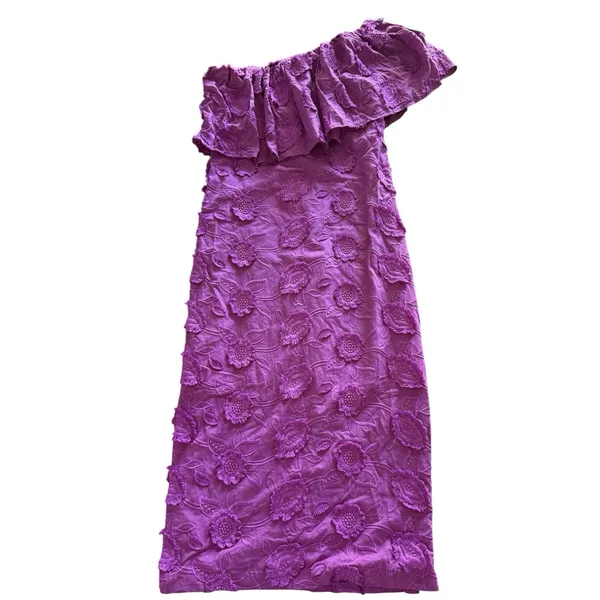 Abbey Glass NWT Sutton Lace 3D Floral Ruffle One Shoulder Midi Dress XS Purple - Image 2