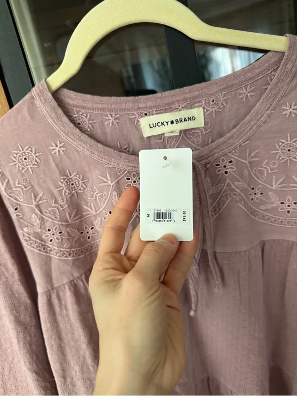NWT Lucky Brand embroidered babydoll blouse top lavender tie front long sleeve - Image 4