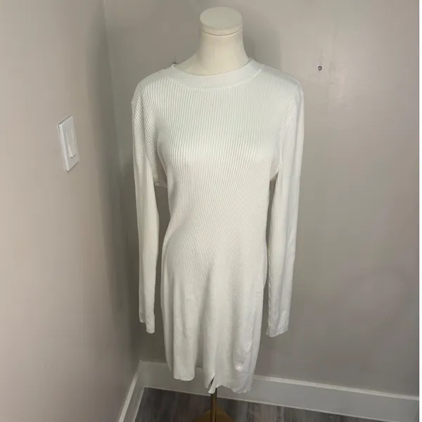 Hollister White Ribbed Knit Long Sleeve Mini Dress XL Crew Neck Bodycon - Image 2
