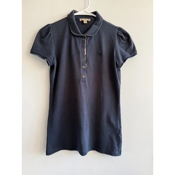 Burberry Brit Womens Navy Blue Puff Sleeve Polo‎ Shirt Peter Pan Collar Size S - Image 2