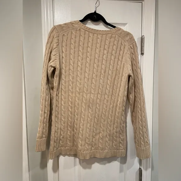L.L. Bean Size M Tan Khaki Cotton Cable Knit V Neck Pullover Fisherman Sweater - Image 9