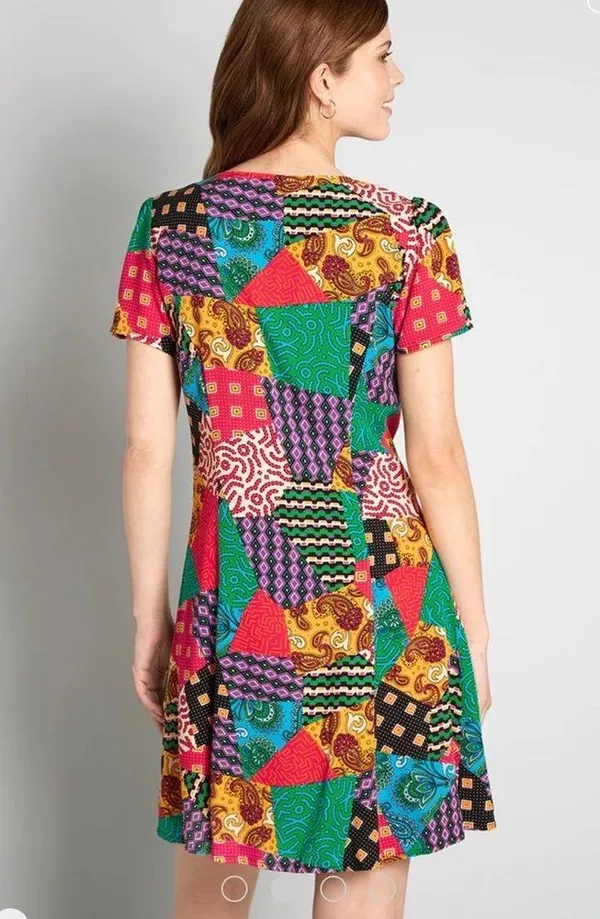 Dangerfield x ModCloth patchwork multi button front viscose dress, size 14 XL - Image 3